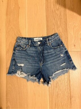 Dynamite Claudia Distressed High-waist Blue Denim Shorts with Distressed Edge